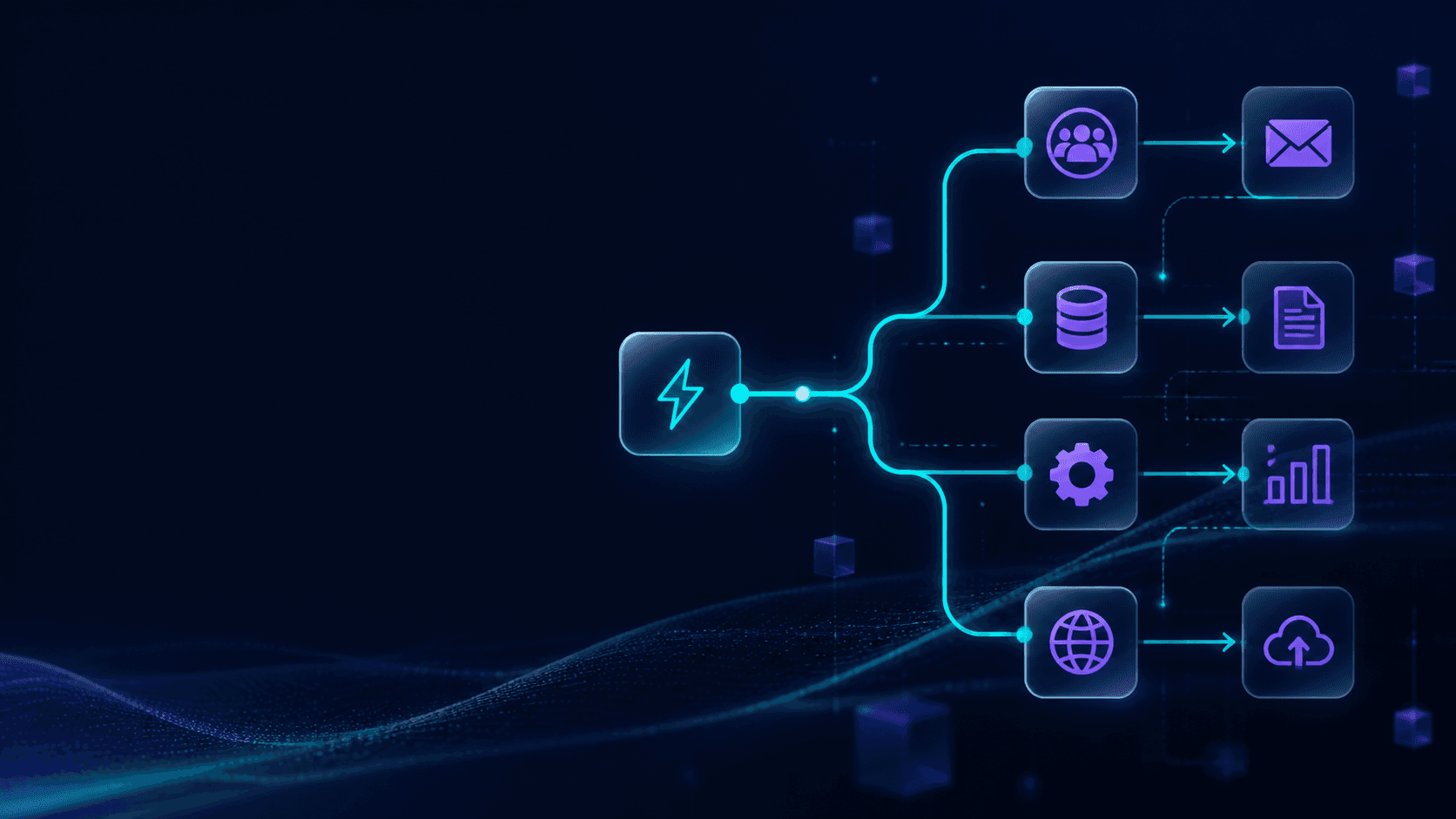 Illustration d’un flux d’automatisation no-code reliant un déclencheur à des opérations, données et résultats.